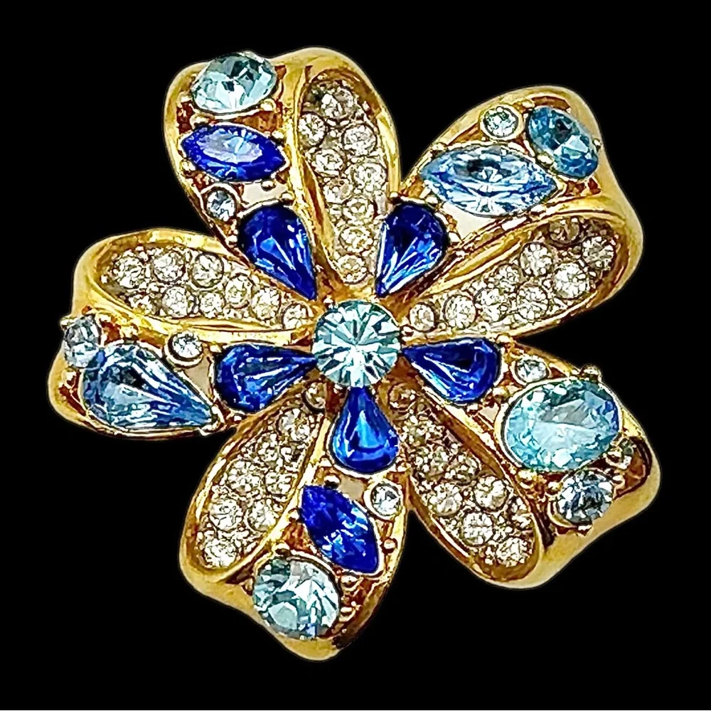 Nolan Miller Blue Tones & Clear Rhinestone Flower Bow Gold Tone Brooch
